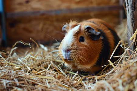 guinea pig and a hay in a pen.の素材