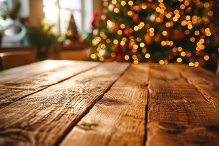 Empty wooden table with christmas theme in background.の素材