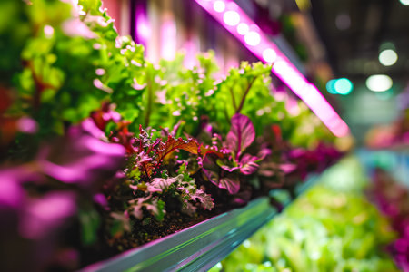 vertical farm that grows crops indoors using LED lights and hydroponics.の素材