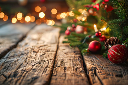 Empty wooden table with christmas theme in background.の素材