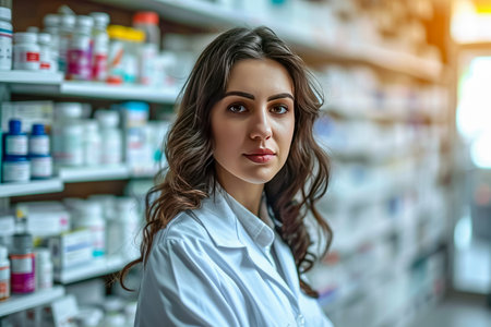 female pharmacist against the background of blurred shelves with medicines.の素材