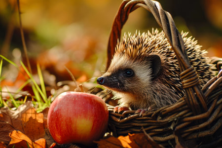 hedgehog and an apple in a basket.の素材