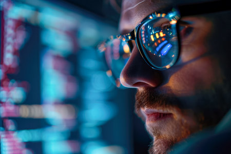 man software developer wearing glasses with reflection looking at computer screen developing code.の素材