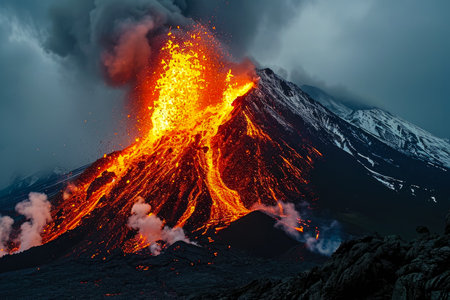 volcano erupting and spewing lava and ash.の素材