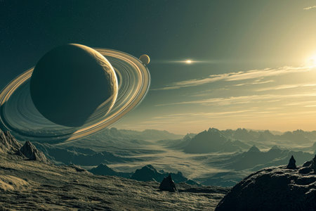 planet with rings and moons as seen from its surface.の素材