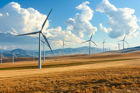wind farm with dozens of turbines spinning in the breeze.の素材