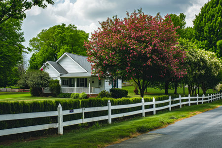 house and a fence in a suburban area.の素材