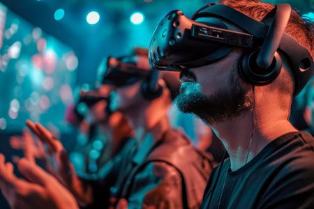 group of people playing a multiplayer game in VR with avatars and gestures.の素材