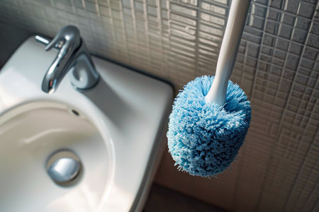 toilet brush and a toilet cleaner on a toilet bowl.の素材
