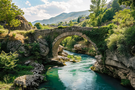 bridge and a river in a scenic landscape.の素材