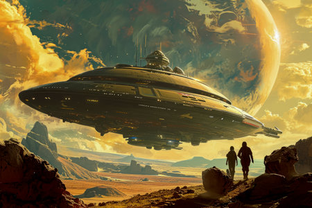 starship with a crew of explorers and scientists visiting a new solar system.の素材