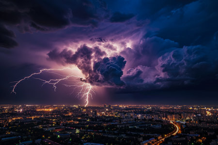 thunderstorm with lightning and rain over a city.の素材