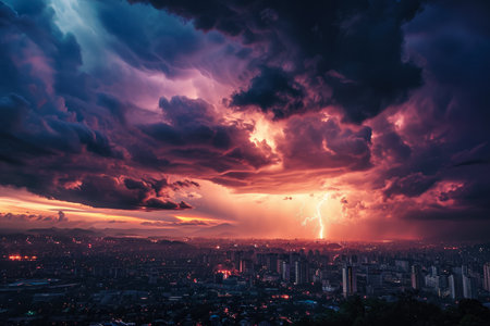 thunderstorm with lightning and rain over a city.の素材