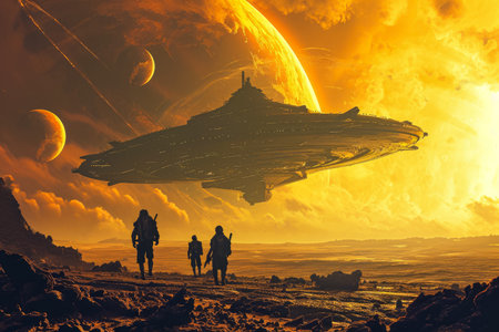 starship with a crew of explorers and scientists visiting a new solar system.の素材