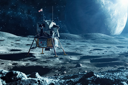 spaceship landing on the moon and deploying a flag.の素材