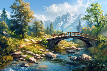 bridge and a river in a scenic landscape.の素材