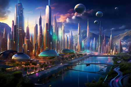 futuristic city skyline at sunset.の素材
