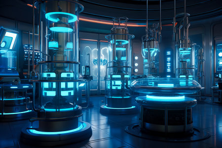 futuristic laboratory with glowing test tubes.の素材