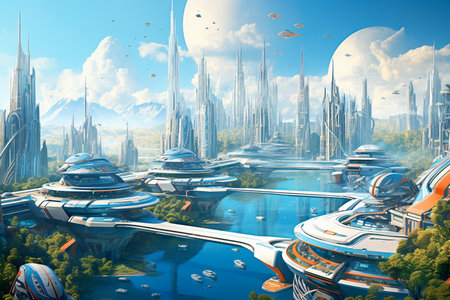 futuristic city skyline with towering holographic buildingsの素材