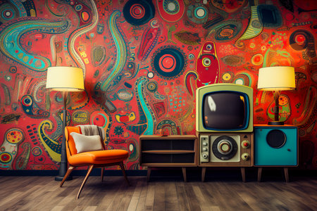 retro-inspired wallpaper with colorful paisley patterns and vintage televisions.の素材