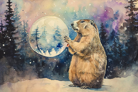 mystical watercolor painting of a groundhog holding a crystal ball, with a beautiful forest in the background.の素材