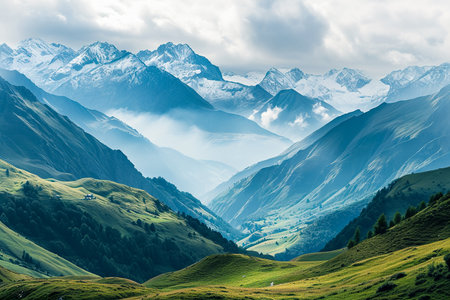 mountain range with snow-capped peaks and green valleys.の素材