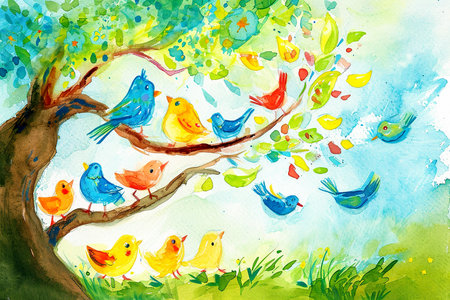 watercolor illustration of a child's drawing of a family of birds in a tree.の素材