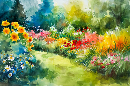 watercolor painting of a flower garden.の素材