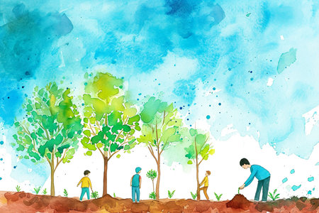 wondrous watercolor illustration of a group of people planting treesの素材