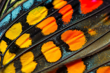 close-up of a butterfly wing with scales and colors.の素材