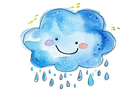 watercolor illustration of a child's drawing of a smiling cloud with raindrops.の素材