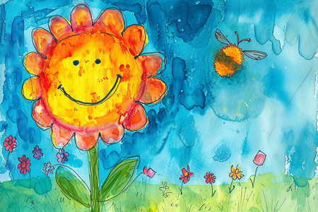 watercolor illustration of a child's drawing of a smiling flower with a bee.の素材