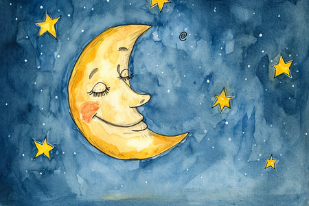 watercolor illustration of a child's drawing of a smiling moon with stars.の素材