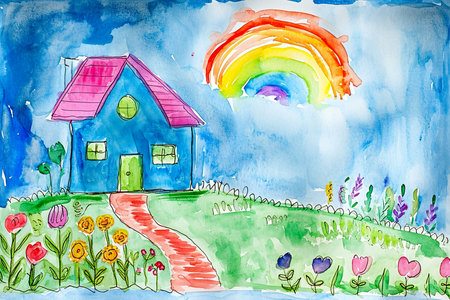 watercolor illustration of a child's drawing of a house.の素材