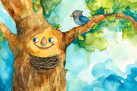 watercolor illustration of a child's drawing of a smiling tree with a bird's nest.の素材