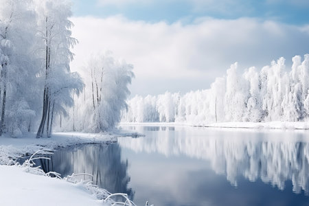 snowy winter landscape with snow-covered trees and a frozen lake.の素材