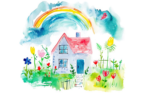 watercolor illustration of a child's drawing of a house.の素材