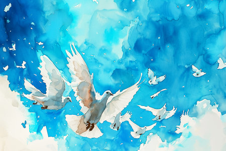 whimsical watercolor painting of a group of people releasing doves into the sky.の素材