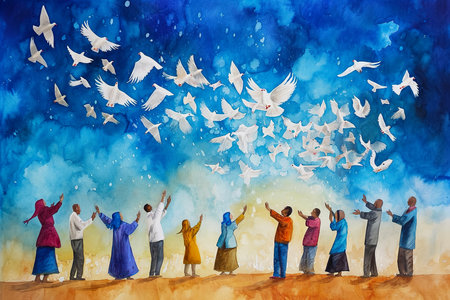 whimsical watercolor painting of a group of people releasing doves into the sky.の素材