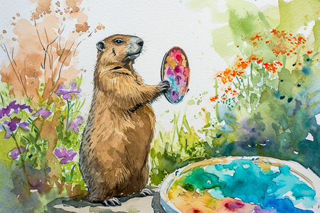 whimsical watercolor painting of a groundhog holding a paint palette.の素材