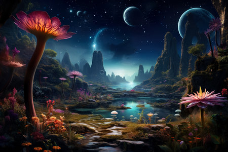 An alien planet with exotic plants and fantastical creatures.の素材