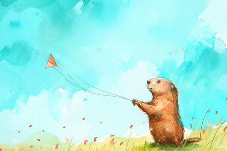 whimsical watercolor illustration of a groundhog holding a kiteの素材