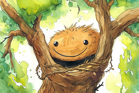 watercolor illustration of a child's drawing of a smiling tree with a bird's nest.の素材