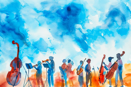 whimsical watercolor illustration of a group of people playing musical instrumentsの素材
