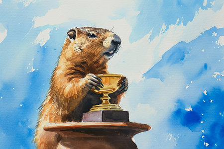 wondrous watercolor illustration of a groundhog holding a trophyの素材