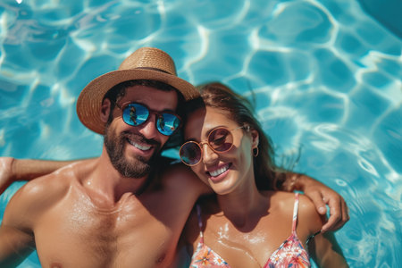 A couple with a summer clothes and a sunglasses and a professional overlay on the pool.の素材