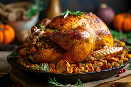 turkey with a brown color and a stuffing and a professional overlay on the cut.の素材