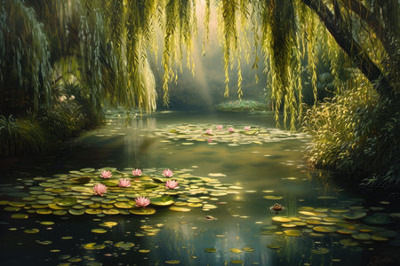 A pond with lily pads and a frog, with a weeping willow tree.の素材