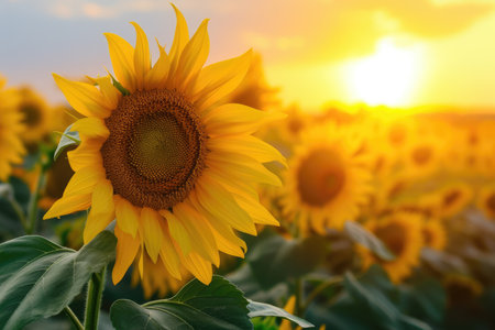 A sunflower field at sunset. The large, yellow flowers are turned towards the sun, their petals glowing in the warm light.の素材