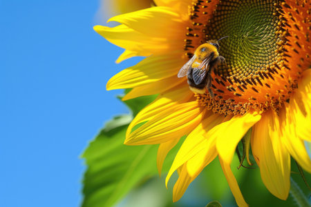 A bee on a sunflower, with a blue sky and green leaves.の素材